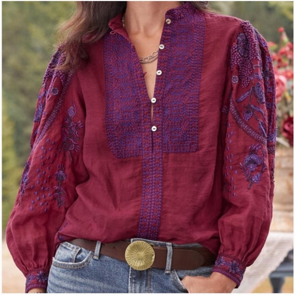 Sundance Ramie Embroidered Blouse Burgundy Purple Equestrian Western Cowgirl XS - Picture 6 of 12
